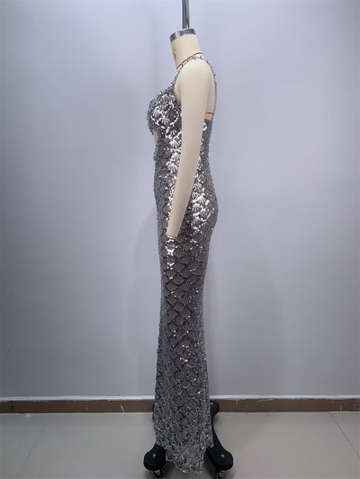 Vestido Largo Elegante Espalda Descubierta con Lentejuelas y Tirantes - Image 11