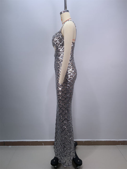 Vestido Largo Elegante Espalda Descubierta con Lentejuelas y Tirantes - Image 11