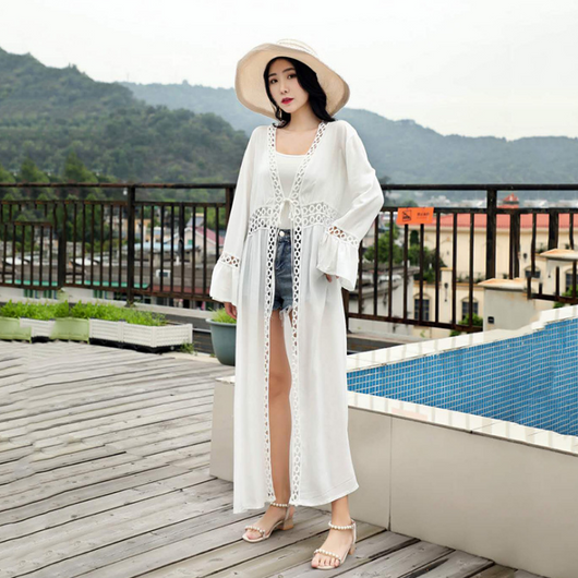 Túnica Playera Tejida en Crochet Blanco - Pareo Largo Elegante para Playa - Image 23
