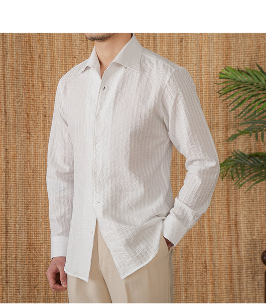 Camisa Casual de Algodón Seersucker Manga Larga Cuello Clásico - Image 8