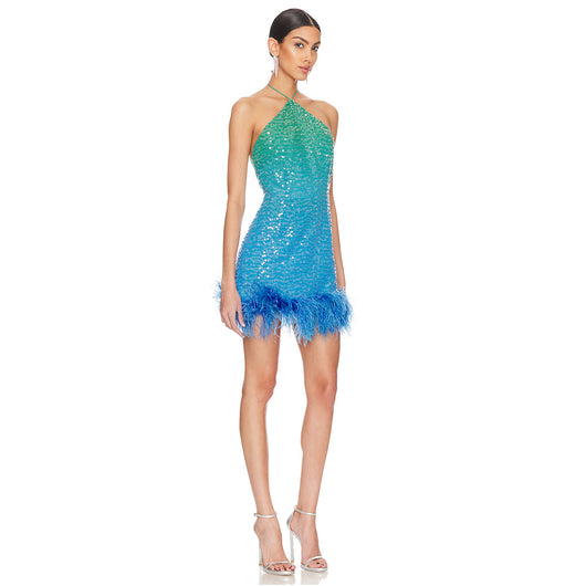 Vestido de Fiesta con Lentejuelas y Tirantes Plumados - Image 6