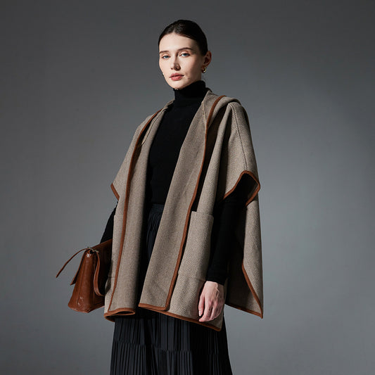 Poncho Capa de Lana Reversible con Patrón Espiga y Capucha