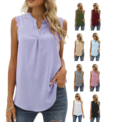 Blusa Suelta Escote V sin Mangas con Encaje de Color Sólido - Image 17