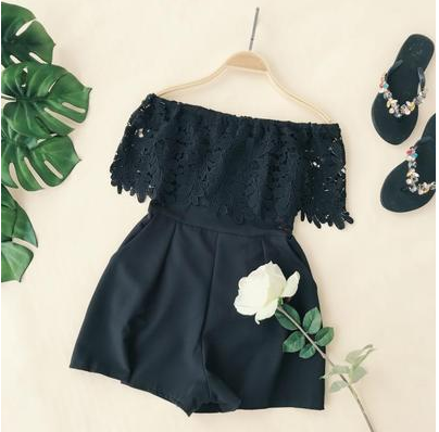 Jumpsuit Elegante Palabra de Honor con Encaje Soluble y Cintura Alta