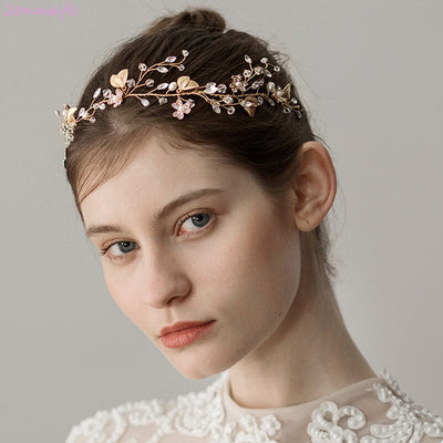 Diadema Nupcial Ramas de Cristal con Hojas Doradas - Diseño Elegante Natural