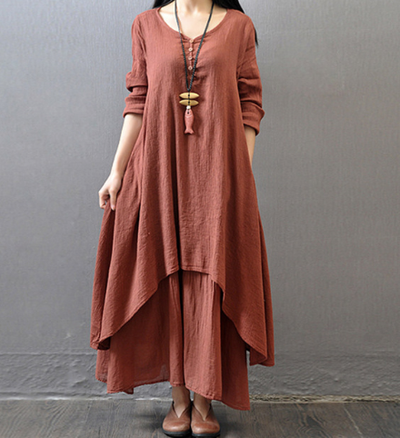 Vestido Retro de Lino y Algodón con Escote en V