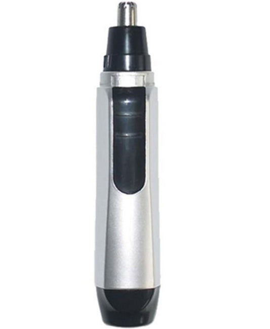 Silver and black electric nose hair trimmer with a cylindrical body and a visible cutting head for personal grooming.