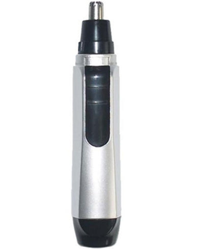 Silver and black electric nose hair trimmer with a cylindrical body and a visible cutting head for personal grooming.