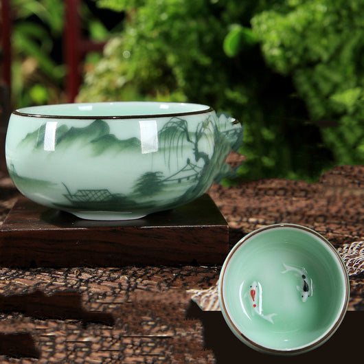 Juego de Té Kung Fu Celadón Pintado a Mano con Diseño Carpa Creativo - Image 17