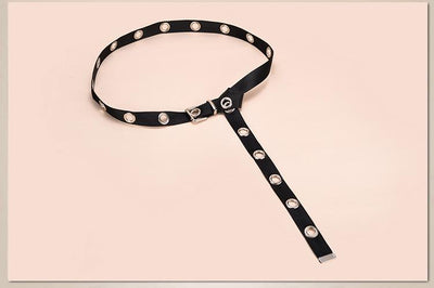 Black canvas belt with silver-tone metal eyelets and a pin buckle, designed to be tied. - Image 2