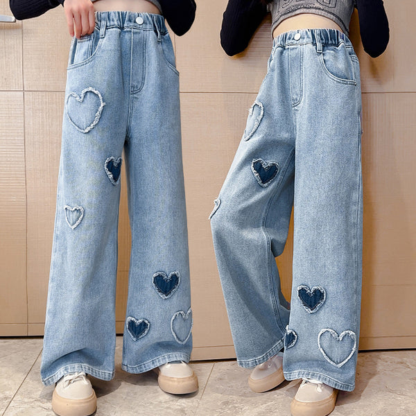 Pantalones Denim Anchos con Borde Crudo para Niñas