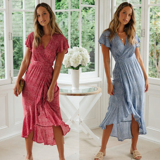 Vestido de Encaje Floral Escote V Manga Corta - Estilo Europeo Verano
