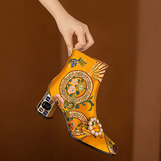 Botas Étnicas con Tacón Grueso, Bordado Floral y Hebilla de Perlas - Image 12
