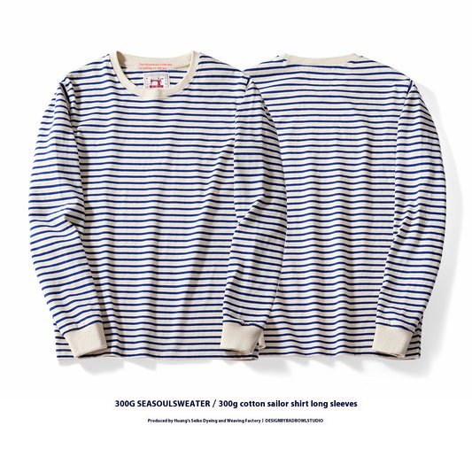 Camiseta Casual de Algodón a Rayas Clásica Cuello Redondo Manga Larga para Hombre