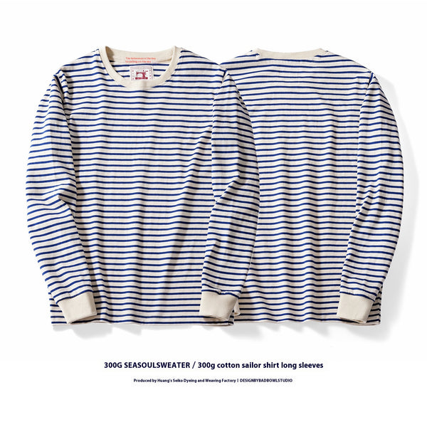 Camiseta Casual de Algodón a Rayas Clásica Cuello Redondo Manga Larga para Hombre