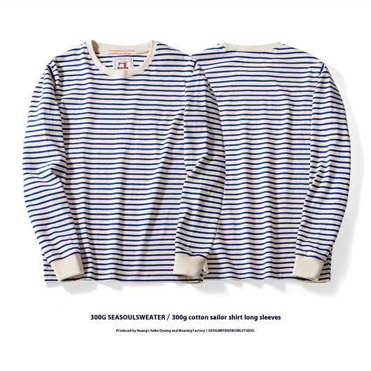 Camiseta Casual de Algodón a Rayas Clásica Cuello Redondo Manga Larga para Hombre