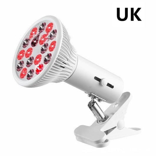 White LED physiotherapy lamp with red and infrared lights, featuring an adjustable head and a sturdy clip-on base for EU use. - Image 8