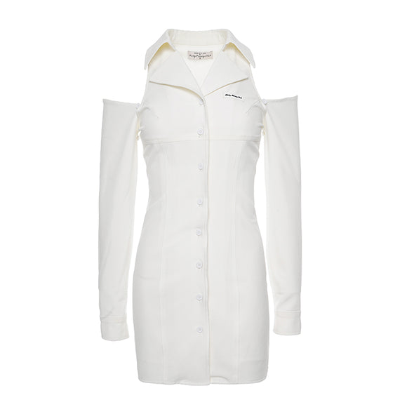 Elegant White Dress with Off-the-Shoulder Long Sleeves