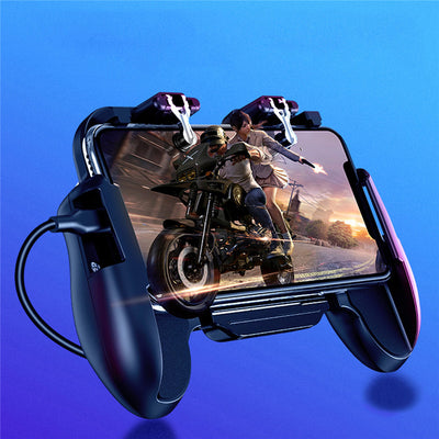 Black mobile gaming controller with a smartphone, featuring shoulder triggers and a glowing blue cooling fan.