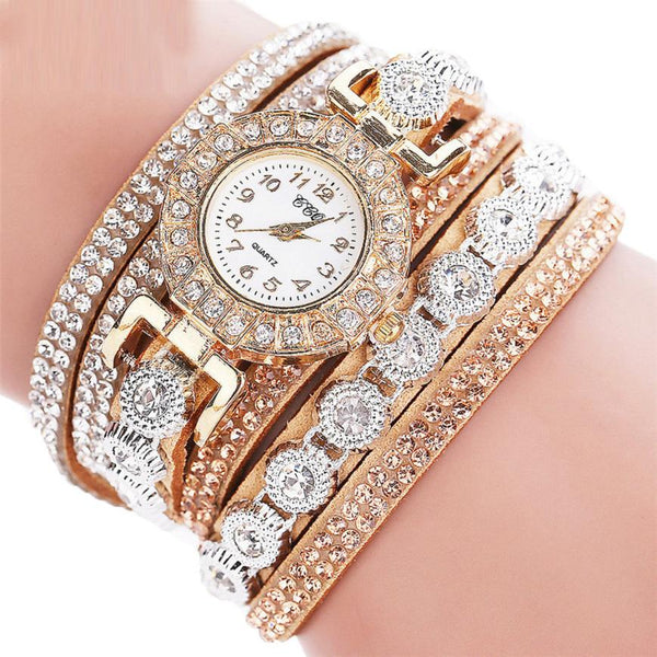 Reloj de Cuarzo para Mujer con Pulsera de Cuero y Diamantes de Imitación