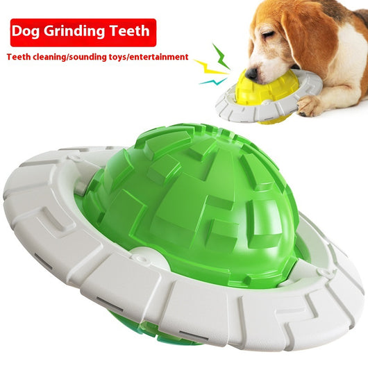 Green and white plastic dog toy with a textured ball center and a flat ring, designed for teeth grinding and sound interaction. - Image 4
