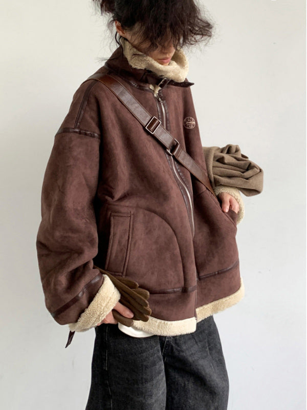 Chaqueta de Gamuza Marrón para Hombre con Cuello Tipo Polo y Forro de Lana de Cordero