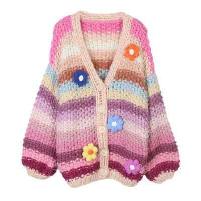 Suéter Tejido a Mano con Rayas Arcoíris y Flores - Diseño Europeo Grueso - Image 6
