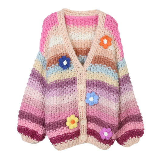 Suéter Tejido a Mano con Rayas Arcoíris y Flores - Diseño Europeo Grueso - Image 6