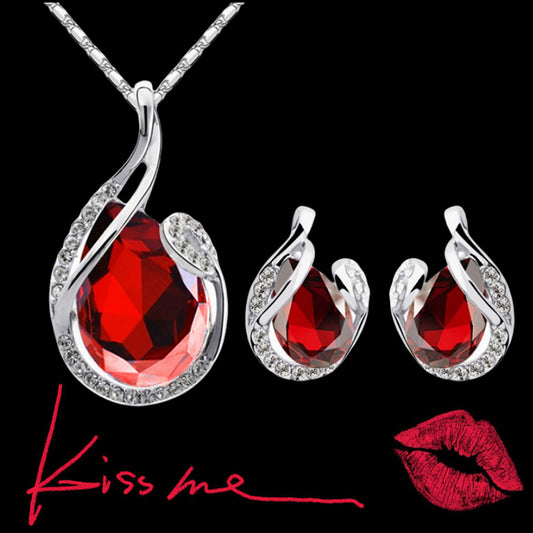 Juego de 3 Collares con Aretes de Cristal Brillante - Joyería Elegante Forma Gota de Agua para Mujer