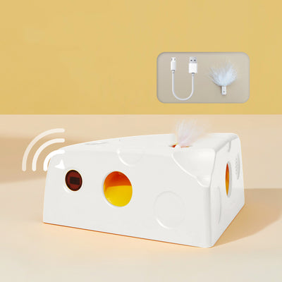 Yellow cheese-shaped electric cat toy with a white feather attachment, shown with three AA batteries and a replacement feather. - Image 2