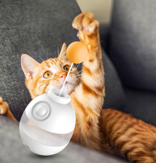 Blue and white pet cat toy with an orange ball on a stick, designed as a tumbler for interactive play. - Image 6