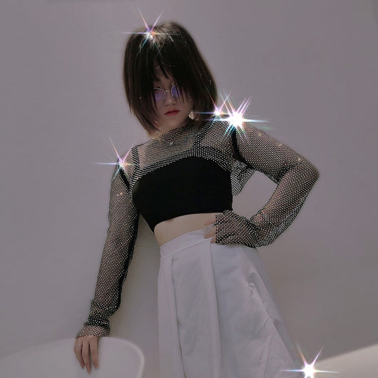 Blusa Brillante de Manga Larga con Cristales de Rhinestone Completos - Image 6