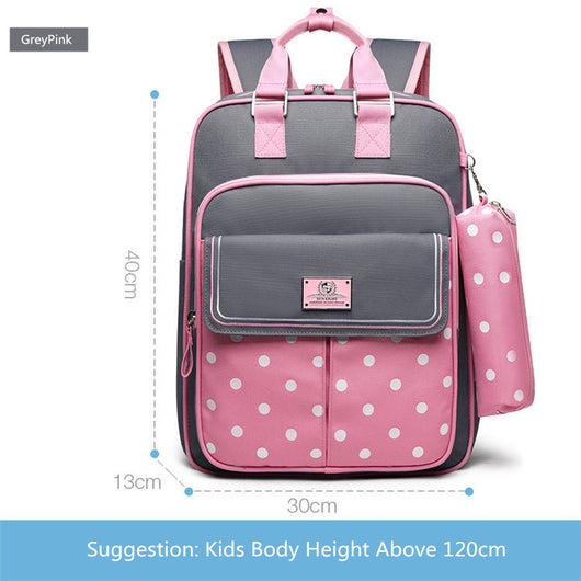 Blue kids' school backpack with white star pattern, front pocket, and matching pencil case. Measures 40x30x13cm. - Image 7