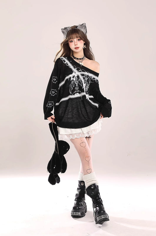 Sudadera Tejida con Encaje en Hombros y Diseño Graffiti Retro para Mujer - Image 7