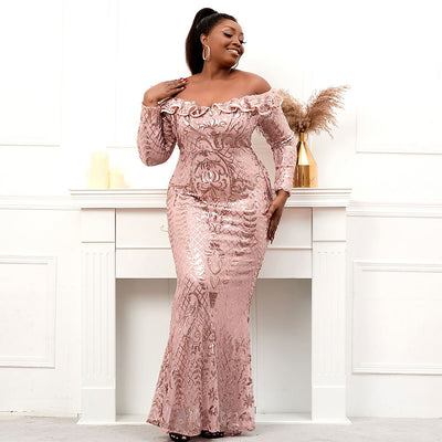 Vestido de Noche Largo Plus Size con Lentejuelas Negras Elegante