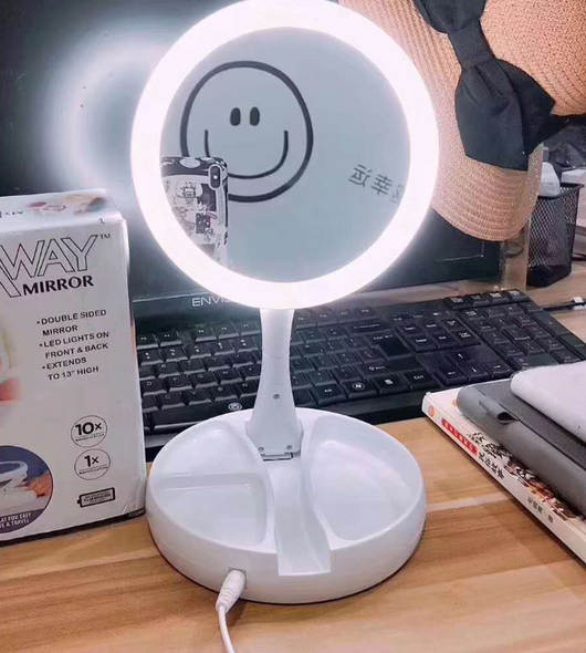 Espejo de Maquillaje LED Doble Cara Plegable con Almacenamiento y Carga USB