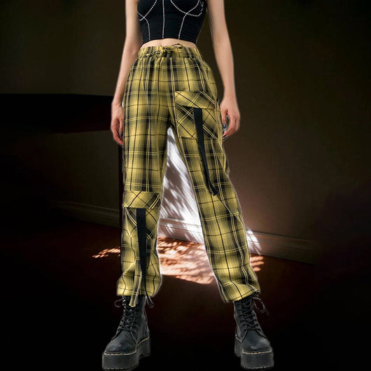 Pantalones Cargo Plaid Cintura Alta Elástica Mujer Estilo Streetwear - Image 2