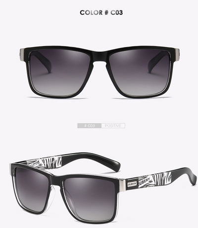 Black DUBERY polarized sunglasses with rectangular frames and dark lenses, shown from front and top-down angles. - Image 5