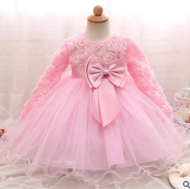 Vestido de Niña de Manga Larga Rosa para Bodas y Celebraciones - Image 2
