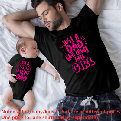 Black cotton t-shirt for dad with pink "JUST A DAD who loves HIS GIRL" text and matching baby onesie. - Image 6