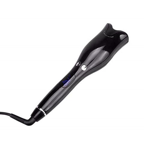 Black automatic curling iron with a digital temperature display and control buttons, featuring a curved barrel and swivel cord. - Image 2