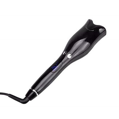 Black automatic curling iron with a digital temperature display and control buttons, featuring a curved barrel and swivel cord. - Image 2