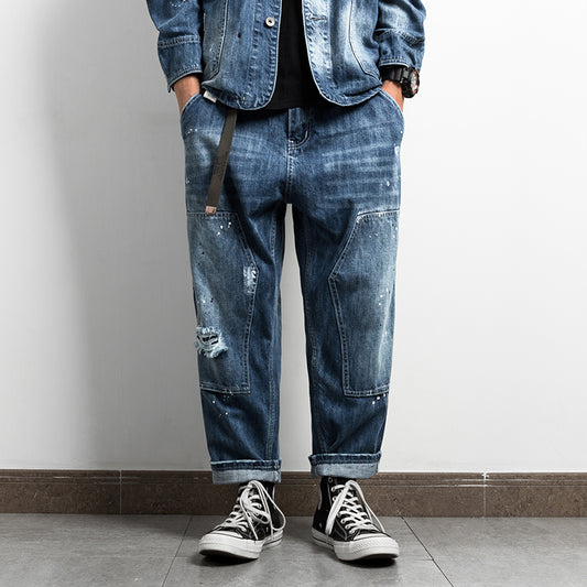 Pantalones Vaqueros Retro Japonés con Salpicaduras de Tinta para Hombre - Image 2