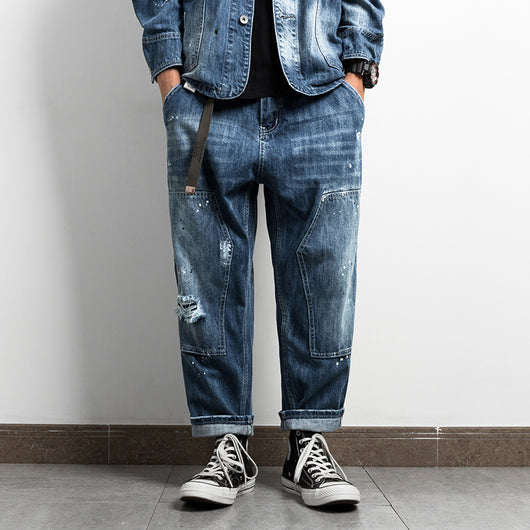 Pantalones Vaqueros Retro Japonés con Salpicaduras de Tinta para Hombre - Image 2