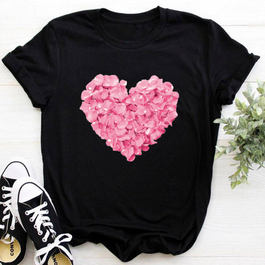 Playera rosa estampada con corazones y flores para mujer