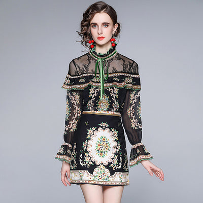 Conjunto de Dos Piezas: Blusa de Gasa con Cuello Mao y Estampado de Moño + Falda - Image 4