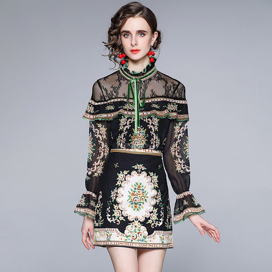 Conjunto de Dos Piezas: Blusa de Gasa con Cuello Mao y Estampado de Moño + Falda - Image 4