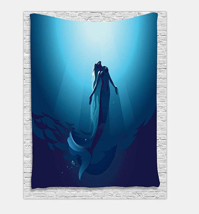 Digital printing tapestry featuring a mermaid swimming upwards in deep blue water towards a bright light.