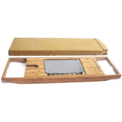 Bamboo bathtub caddy with an adjustable book stand, slotted tray, and compartments for bath essentials. - Image 4