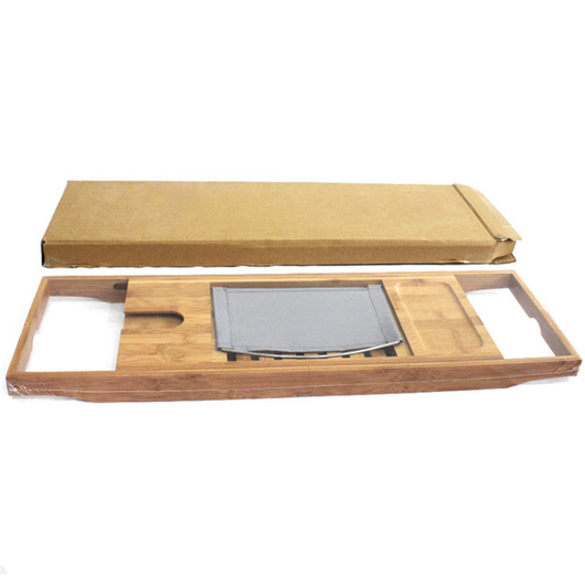 Bamboo bathtub caddy with an adjustable book stand, slotted tray, and compartments for bath essentials. - Image 4